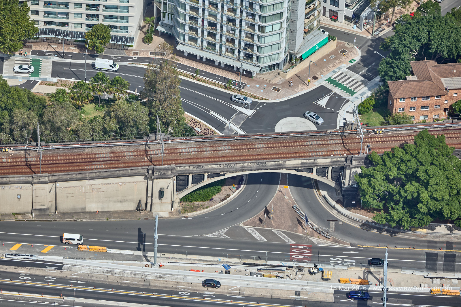 Aerial — the rail overbridge and roundabout at the northern end of the ramp